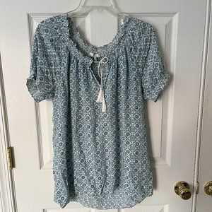 Joie Masha Medallion Printed Silk Peasant Blouse - Aqua Blue